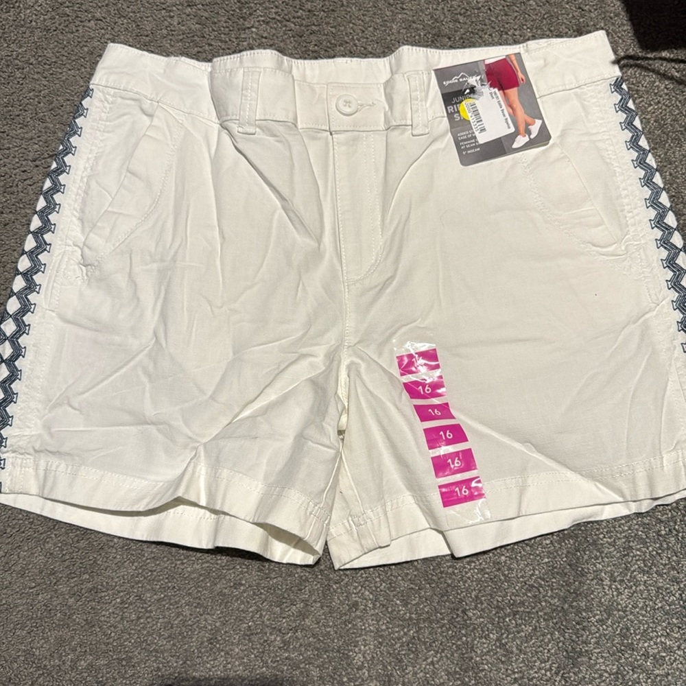 Eddie Bauer Juniper Ripstop Women's White Shorts with Blue Accents. Size 16